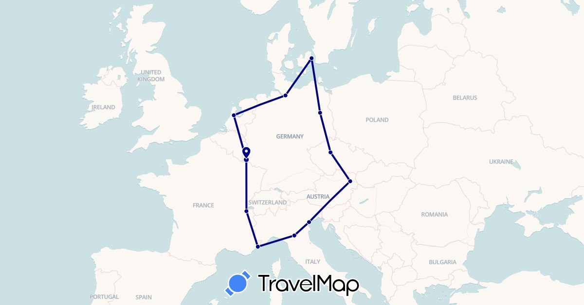 TravelMap itinerary: driving in Austria, Switzerland, Czech Republic, Germany, Denmark, Luxembourg (Europe)